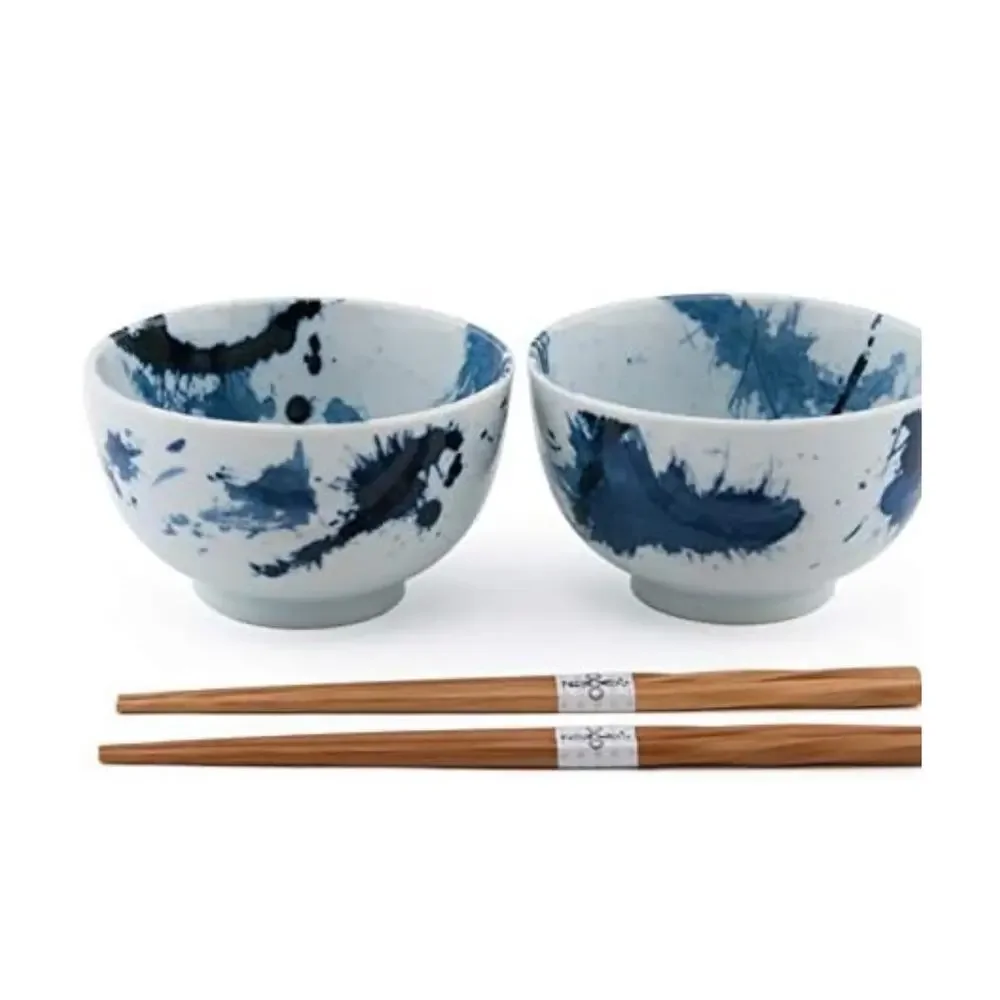 Ebros Blue Splash Paint Abstract Art Design Porcelain Bowls Bamboo Chopstick Set